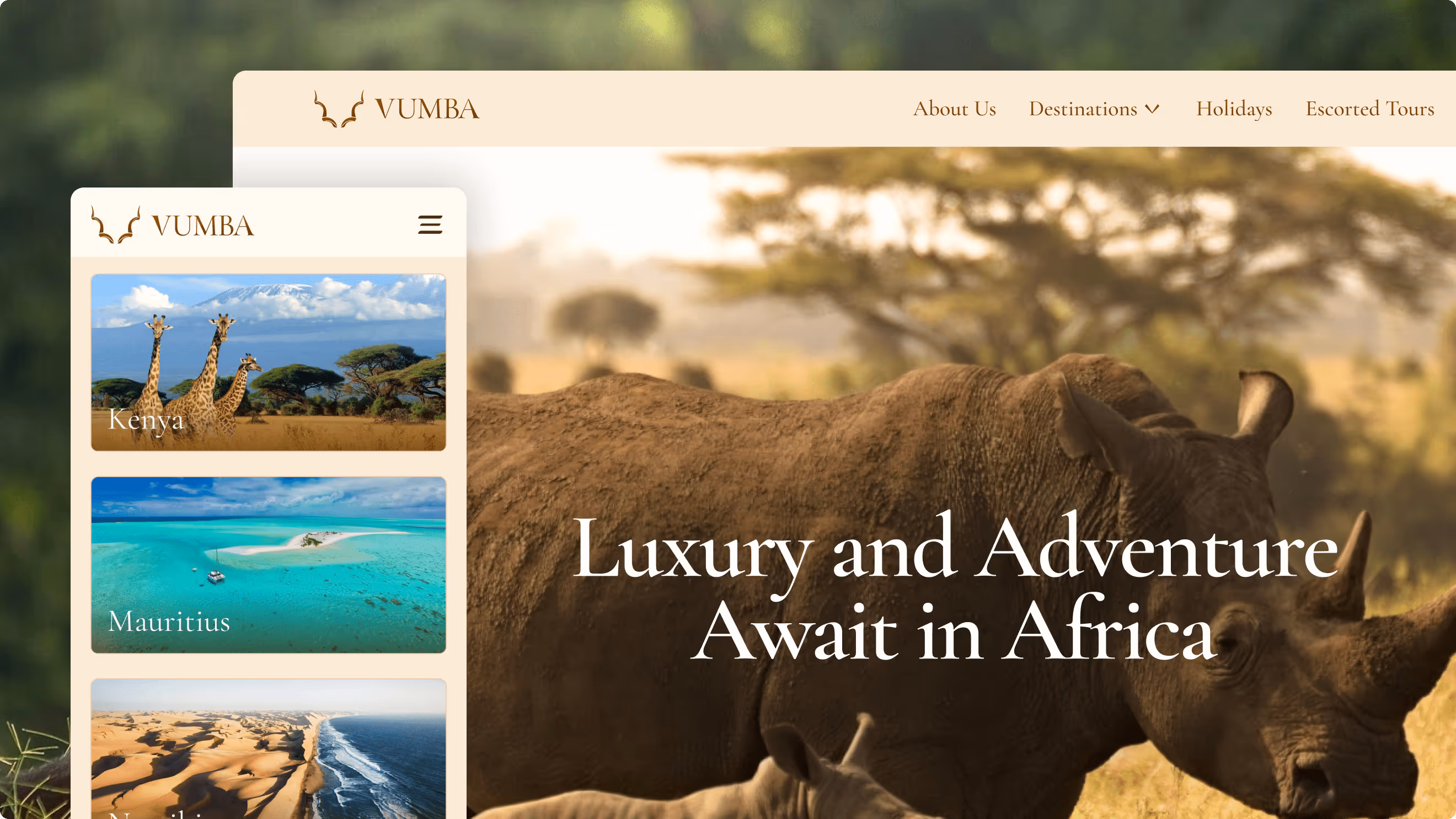A preview of the Vumba Travel site, in both mobile and desktop, showing the use of rich imagery to sell luxury adventures in Africa.